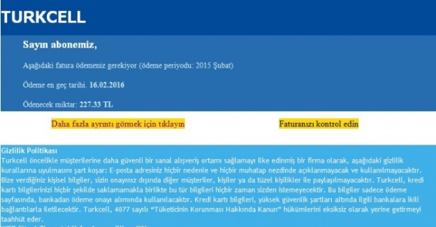 Telefon faturası görünümlü virüse dikkat !