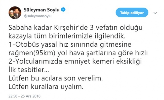 Soylu’dan Kırşehir’deki otobüs kazasına ilişkin açıklama