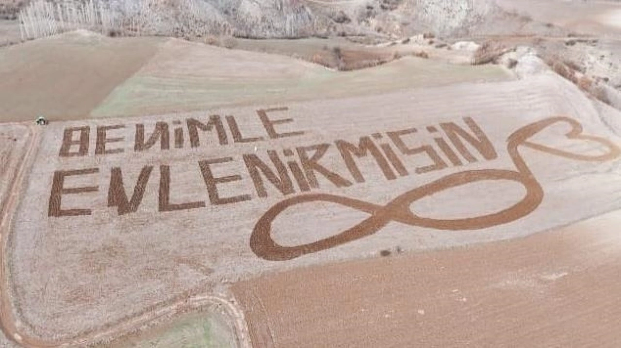 Çorumlu çiftçi, tarlasını "Benimle evlenir misin" yazısı oluşturacak şekilde sürdü