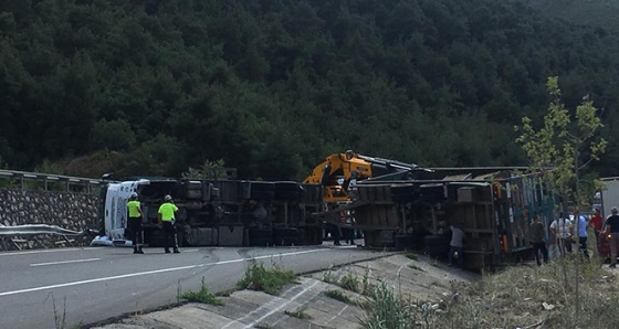 Devrilen tır yolu kapattı, araçlar uzun kuyruklar oluşturdu