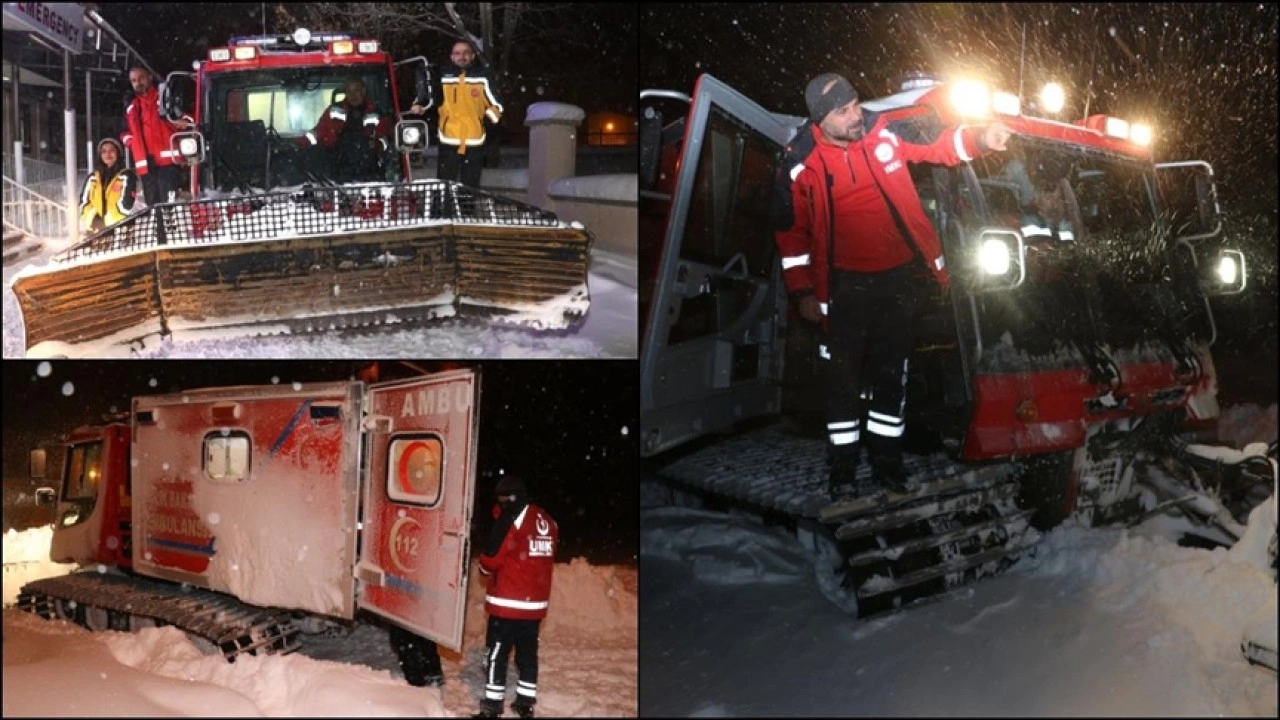 Erzurum’da sağlıkçılar kardan kapanan yolları "snowtrack" ambulansla aşıyor