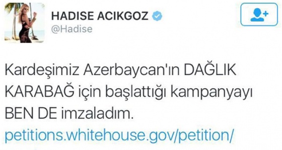 Hadise'den Azerbaycan'a destek