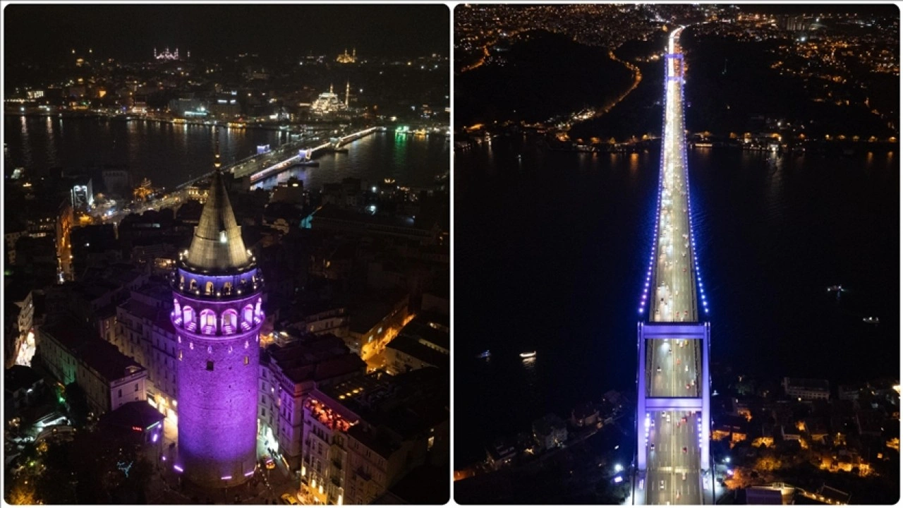 İstanbul'un simgeleri Dünya Prematüre Günü dolayısıyla mor renkle ışıklandırıldı