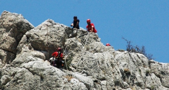 Keçiyi kurtarmak için 50 metre tırmandılar