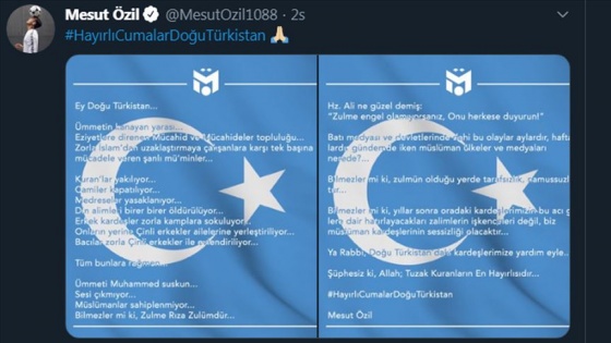 Mesut Özil&#039;den Çin&#039;in Doğu Türkistan&#039;daki politikalarına sessiz kalan Müslümanlara tepki