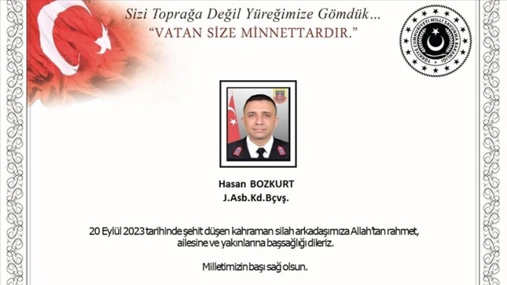 MSB'den şehit Jandarma Astsubay Hasan Bozkurt için taziye mesajı