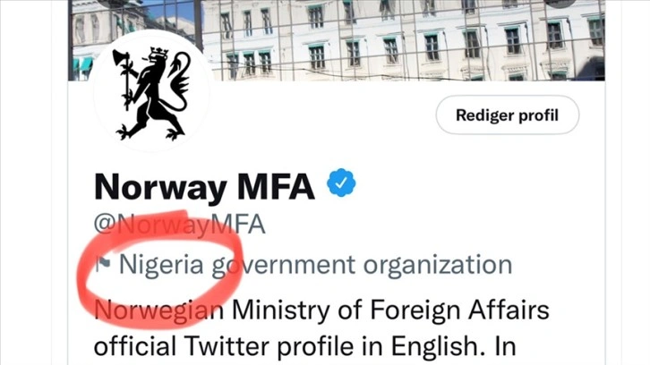 Norveç Dışişleri Bakanlığı, Twitter'da 'Nijerya hükümet kurumu' olarak etiketlendi