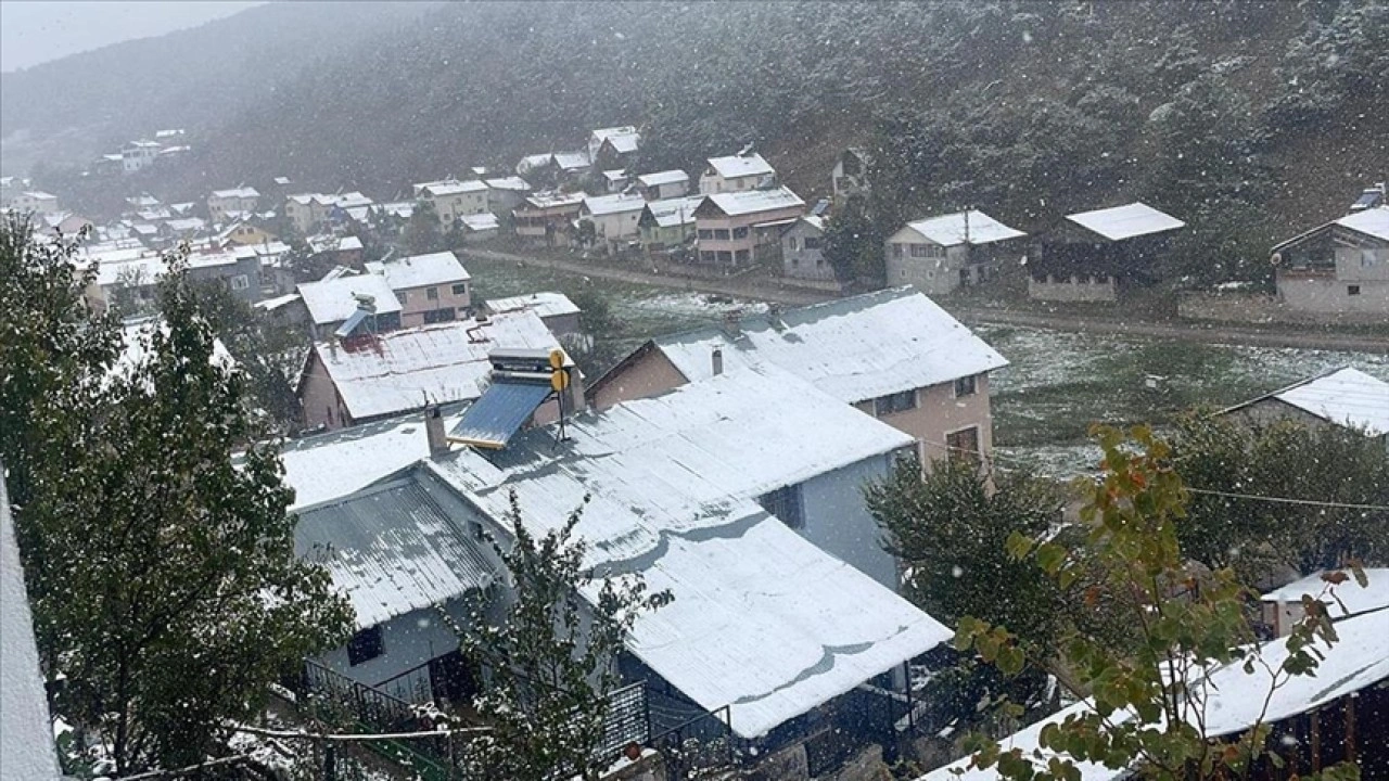 Sivas'ta çam ağaçlarıyla kaplı Eğriçimen Yaylası'na kar yağdı