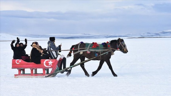 Turistler buz tutan Çıldır Gölü'nde atlı kızak keyfi yaşıyor