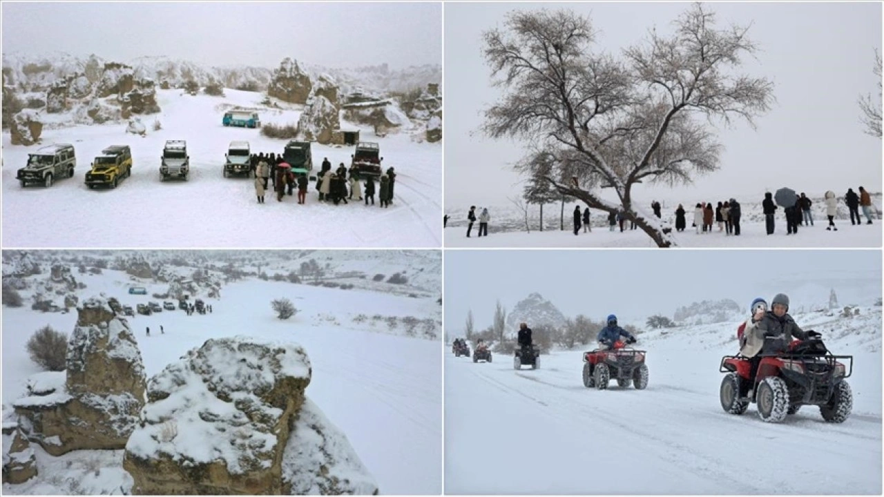 Turistler, kar güzelliği eklenen Kapadokya'yı gezdi