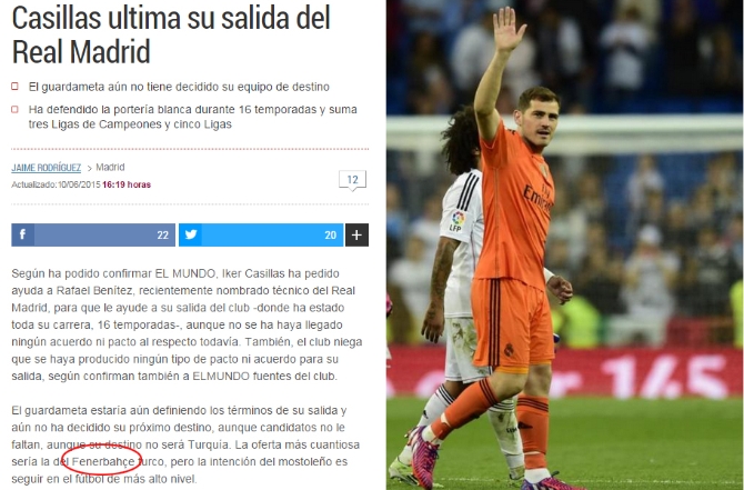 El Mundo haberine göre, Casillas’a en iyi teklif Fenerbahçe’den