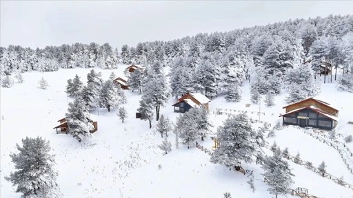 Çam ormanlarıyla çevrili Dumanlı Tabiat Parkı beyaza büründü