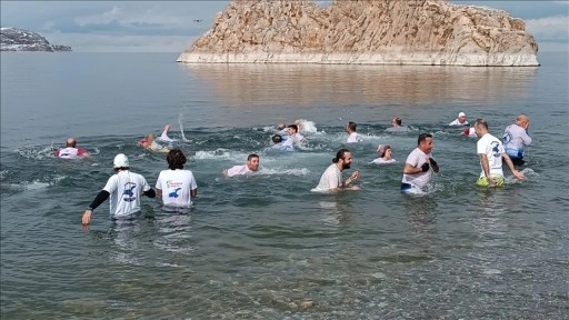 Doğaseverler dondurucu soğukta Van Gölü'nde yüzdü