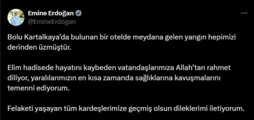 Emine Erdoğan'dan Kartalkaya'daki yangında hayatını kaybedenler için taziye mesajı