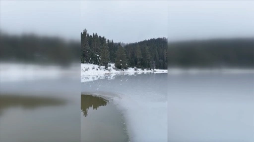 Karabük'teki Eğriova Göleti'nin yüzeyi buz tuttu